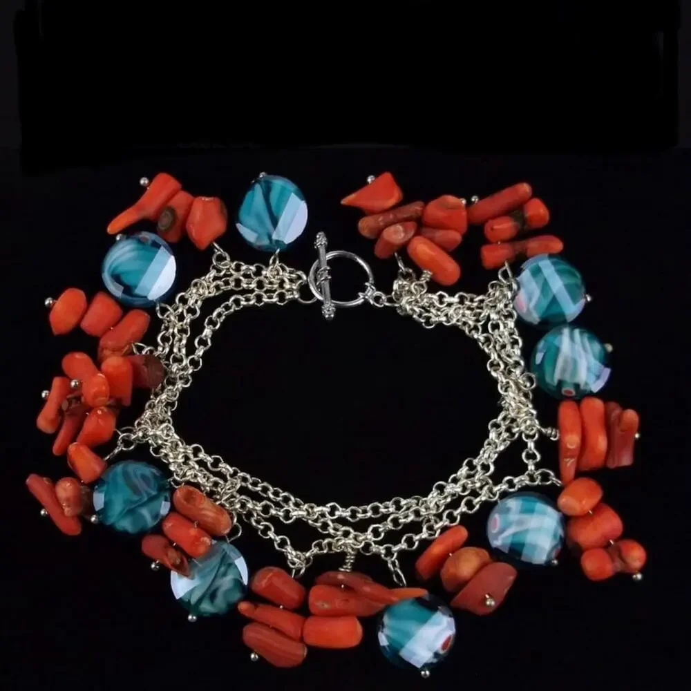 Red Coral Artisan Glass Bracelet Silver Tone Dangle‎ Triple Strand 8.25”